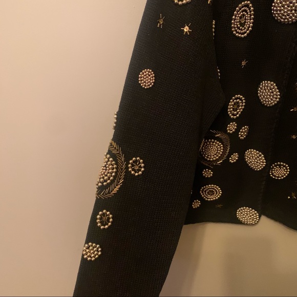 VINTAGE Beaded Art Deco Revival Gold Ornate Black Knit Vintage Glam Cardigan - Picture 4 of 14